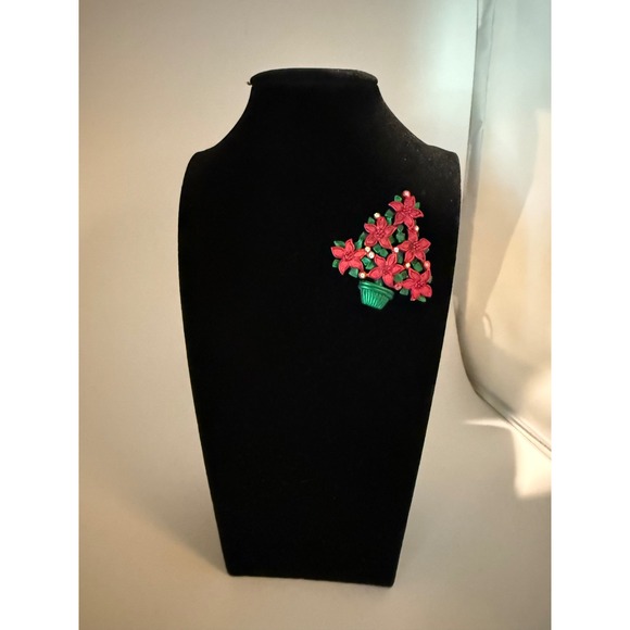 Christmas Poinsettia Flower Tree Brooch Pin Rhinestones Green Pot Holiday - Picture 5 of 5